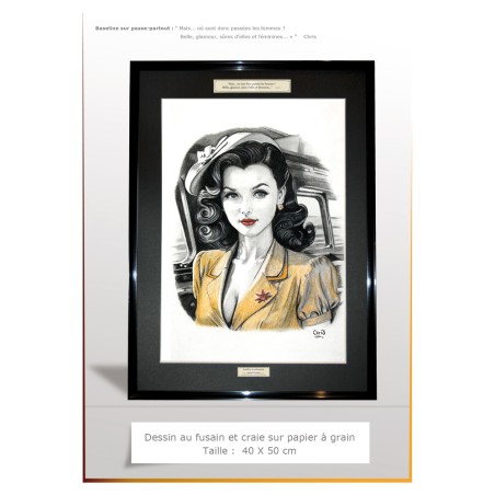 PINUP TRAIN - Dessin ORIGINAL - cadre : cadre : 50 X 40 - dessin : 29 X 42