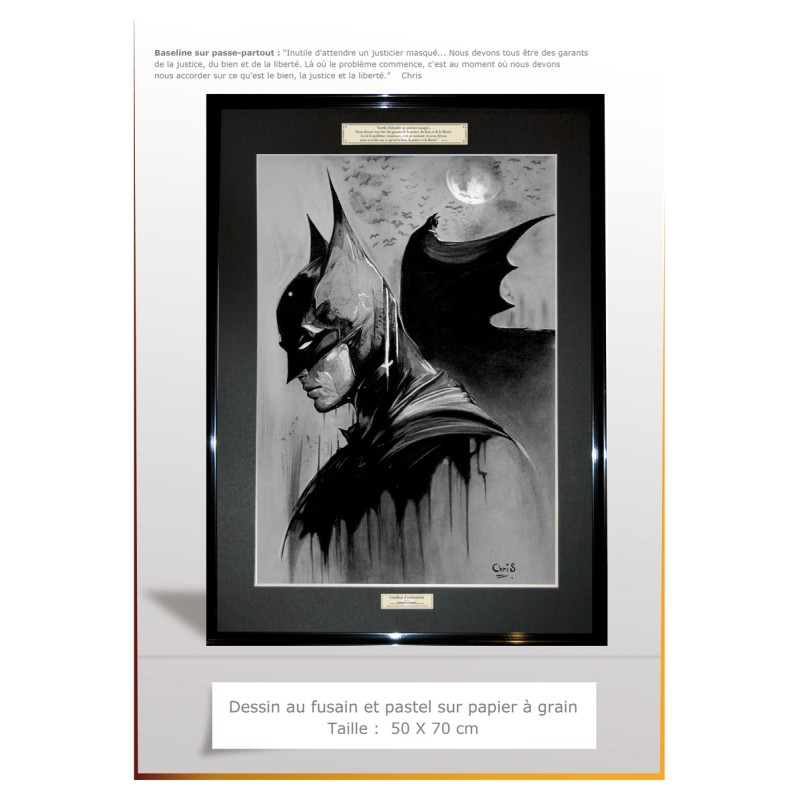BATMAN - Dessin ORIGINAL au Fusain sur papier gris à  grain encadré.