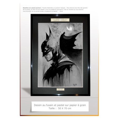 BATMAN - Dessin ORIGINAL au Fusain sur papier gris à grain encadré.
