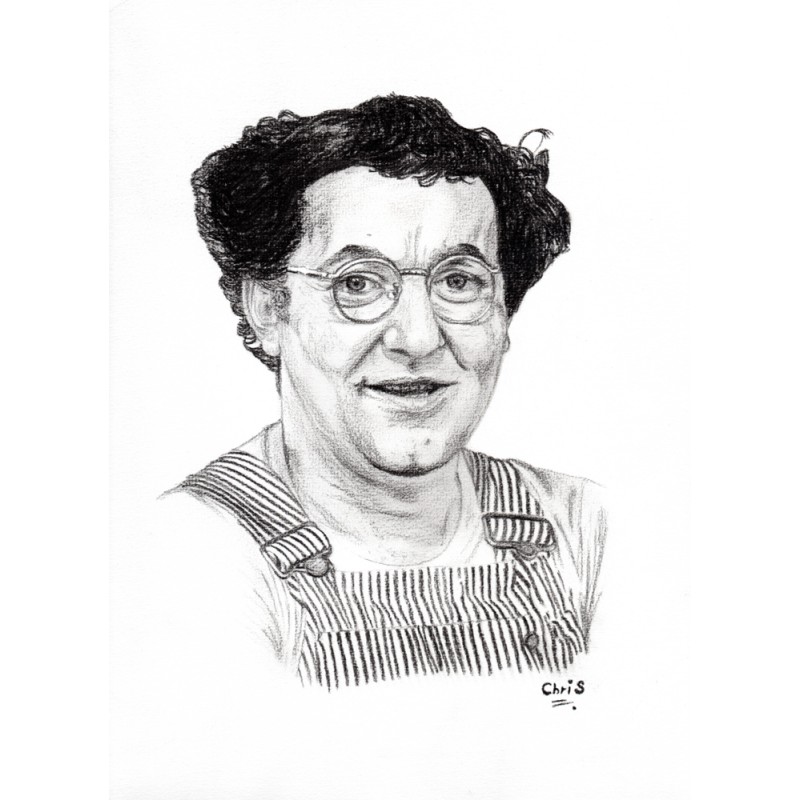 Coluche - Dessin ORIGINAL au Fusain  sur papier à  grain encadré.