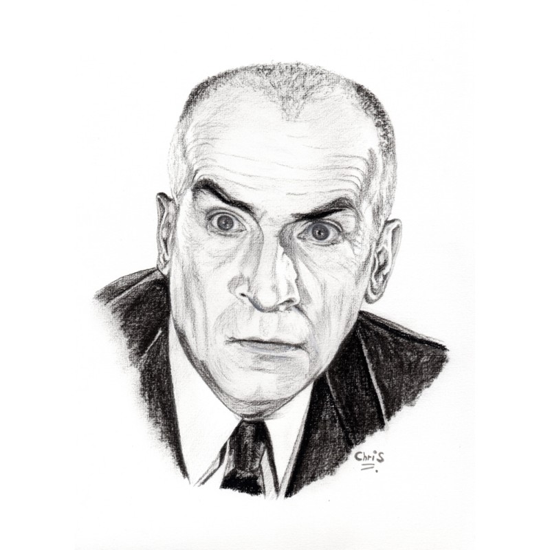 Louis de Funès - Dessin ORIGINAL au Fusain  sur papier à  grain encadré.