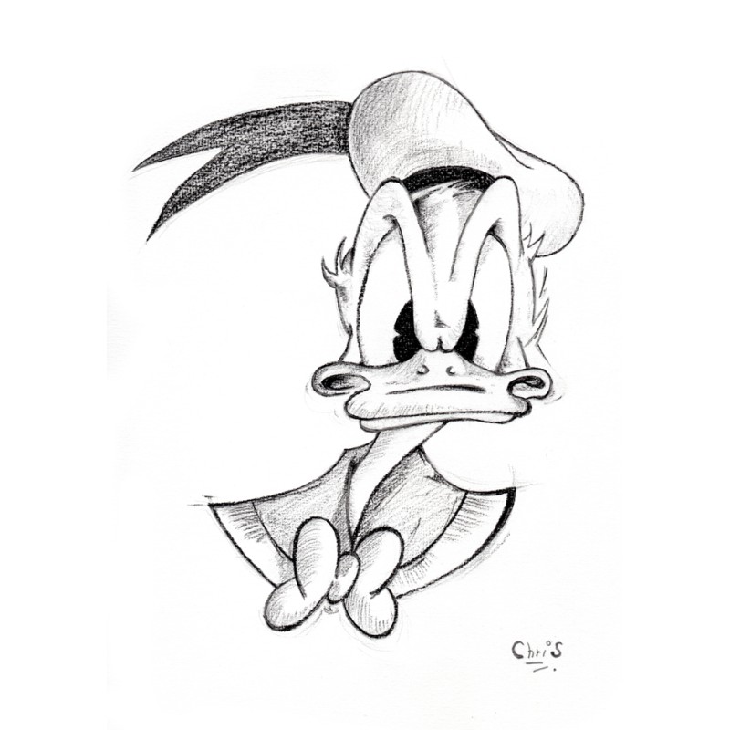 Donald - Dessin ORIGINAL au Fusain  sur papier à  grain encadré.