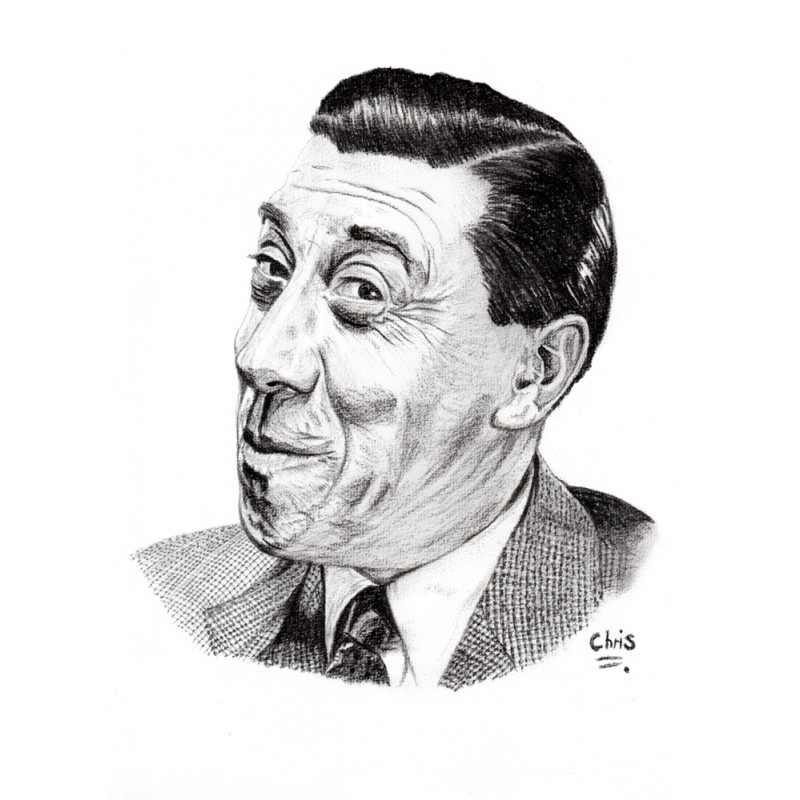 Fernandel - Dessin ORIGINAL au Fusain  sur papier à  grain encadré.