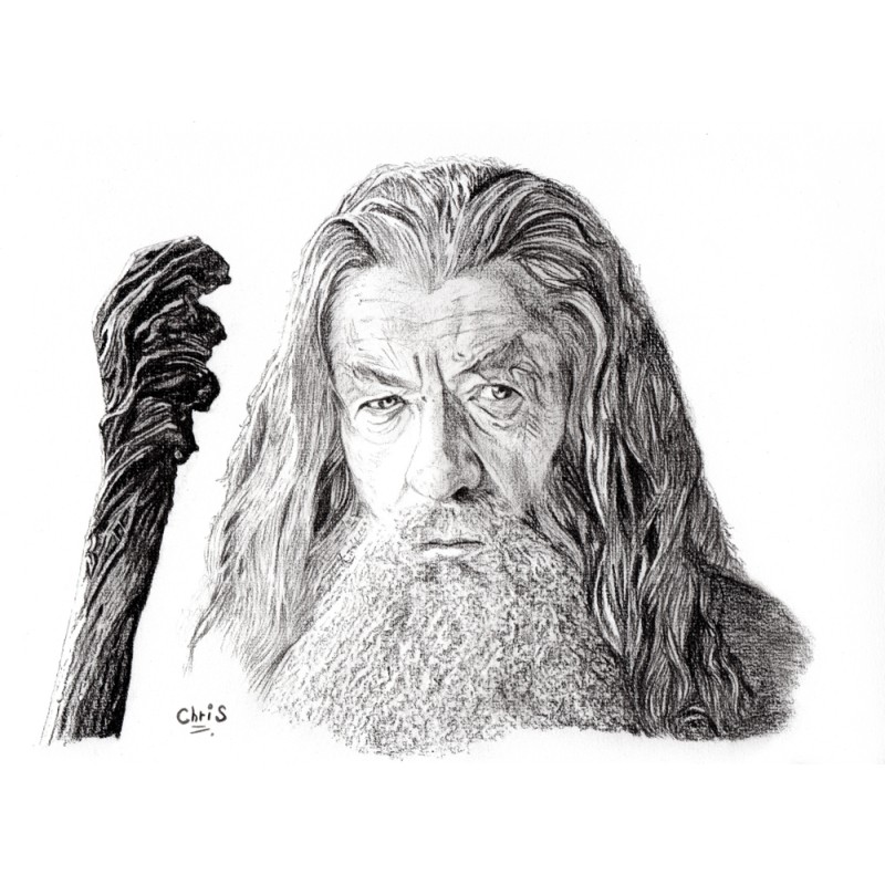 Gandalf - Dessin ORIGINAL au Fusain  sur papier à  grain encadré.
