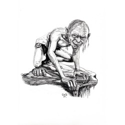 Gollum Smeagol - Dyptique de Dessin ORIGINAL au Fusain  sur papier à  grain encadré.
