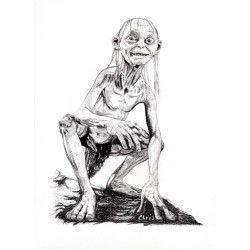 Gollum Smeagol - Dyptique de Dessin ORIGINAL au Fusain  sur papier à  grain encadré.