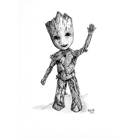 Groot - Dessin ORIGINAL au Fusain  sur papier à  grain encadré.
