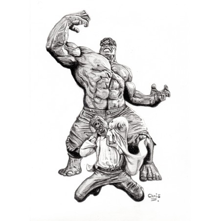 HULK & Banner - Dessin ORIGINAL au Fusain  sur papier à  grain encadré.