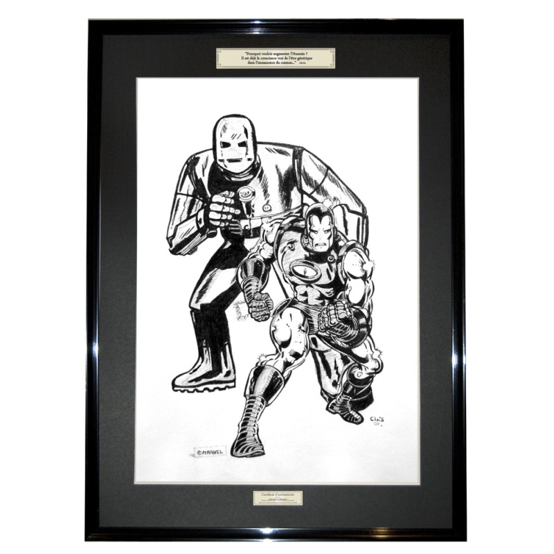Iron man - Dessin ORIGINAL au Fusain  sur papier à  grain encadré.