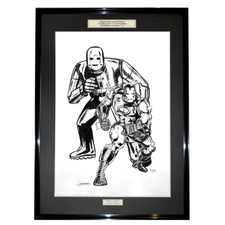 Iron man - Dessin ORIGINAL au Fusain  sur papier à  grain encadré.