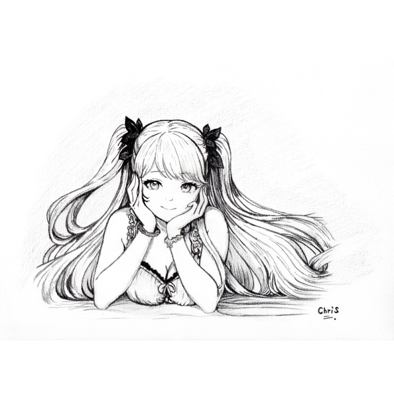 Femme Manga - Dessin ORIGINAL au Fusain  sur papier à  grain encadré.