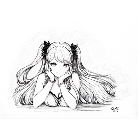 Femme Manga - Dessin ORIGINAL au Fusain  sur papier à  grain encadré.