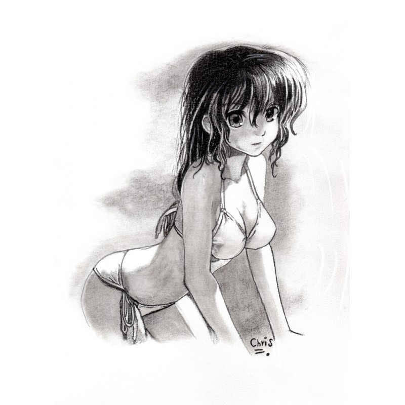 Femme Manga sexy - Dessin ORIGINAL au Fusain  sur papier à  grain encadré.