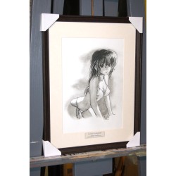 Femme Manga sexy - Dessin ORIGINAL au Fusain  sur papier à  grain encadré.