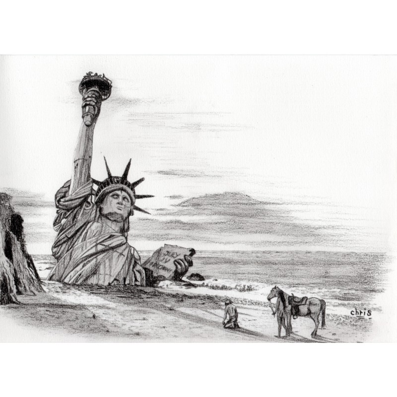 Planète des singes - Dessin ORIGINAL au Fusain  sur papier à  grain encadré.