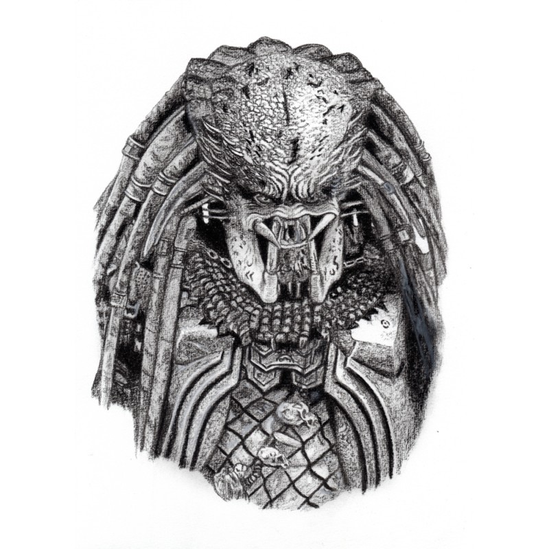 Predator - Dessin ORIGINAL au Fusain  sur papier à  grain encadré.