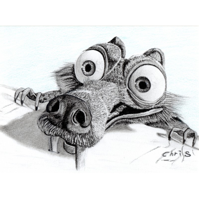 Scrat & son gland - Dyptique de Dessin ORIGINAL au Fusain  sur papier à  grain encadré.