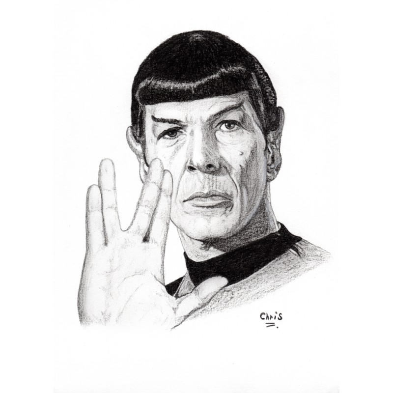 Spock - Dessin ORIGINAL au Fusain  sur papier à  grain encadré.