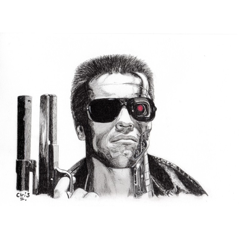 Terminator - Dessin ORIGINAL au Fusain  sur papier à  grain encadré.