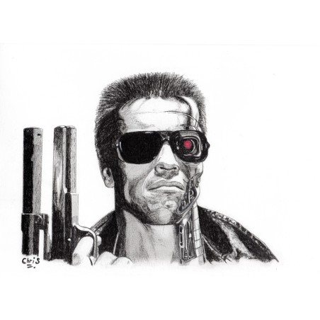 Terminator - Dessin ORIGINAL au Fusain  sur papier à  grain encadré.