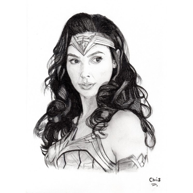 Wonder Woman - Dessin ORIGINAL au Fusain  sur papier à  grain encadré.