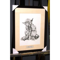 Yoda - Dessin ORIGINAL au Fusain  sur papier à  grain encadré.