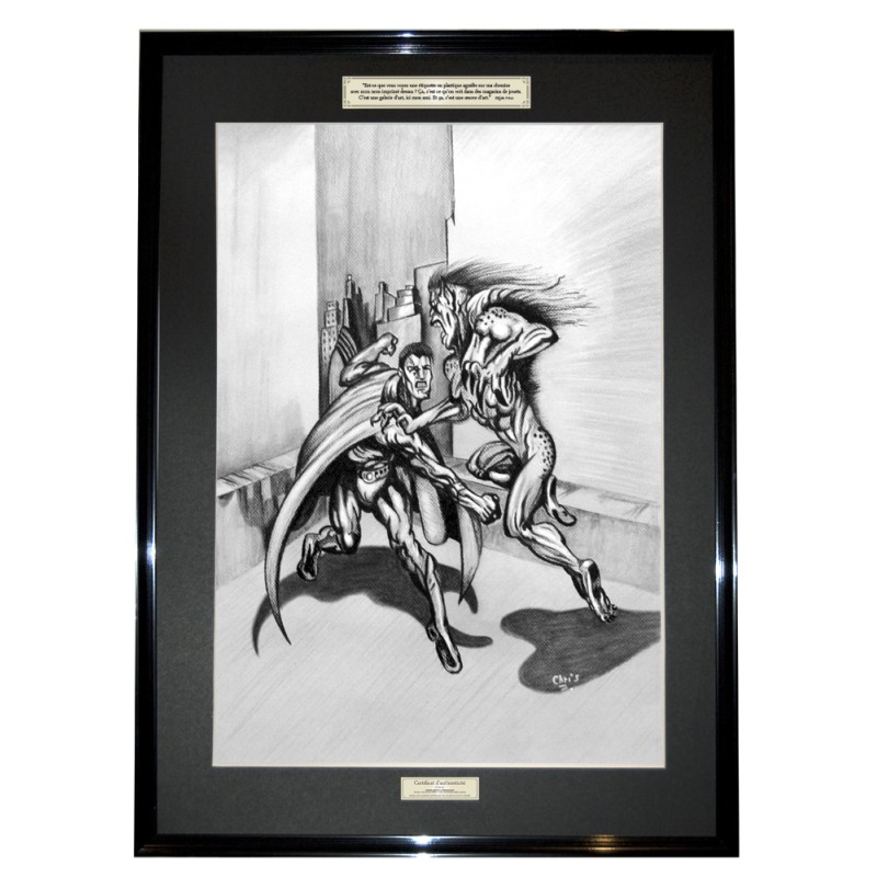 INCASSABLE -Dessin ORIGINAL au Fusain sur papier gris à  grain encadré. Taille cadre :  50 X 70 cm - Taille dessin :  40 x 60 cm