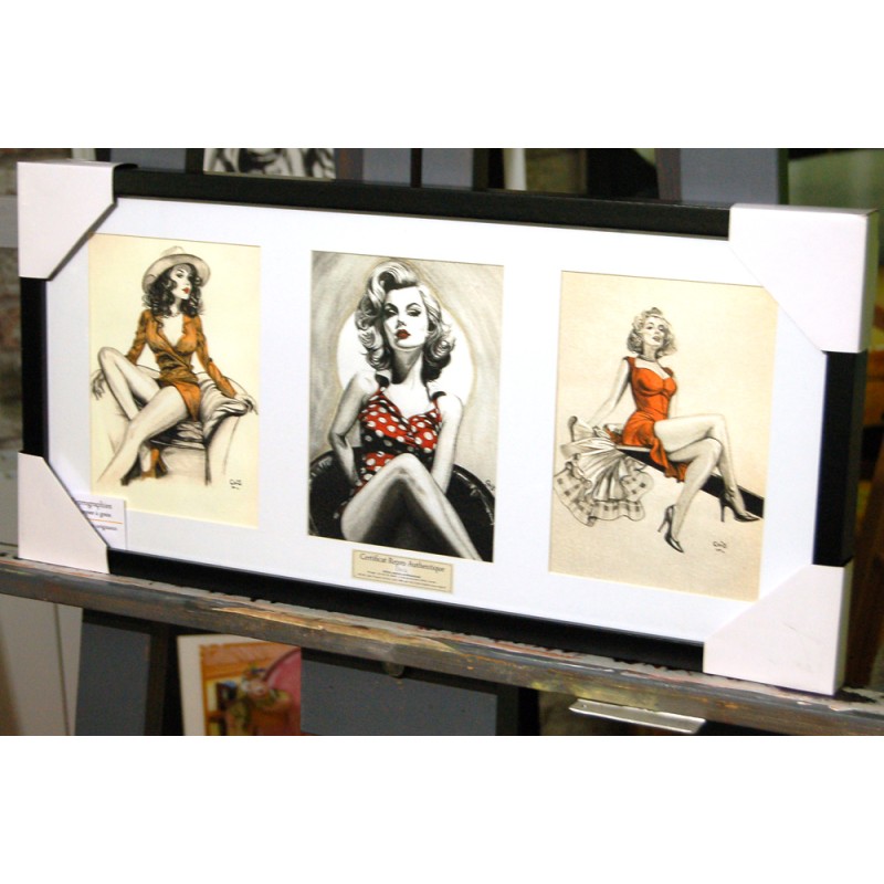 FEMMES PINUP - REPRODUCTION de 3 de mes dessins fusain et pastel encadré