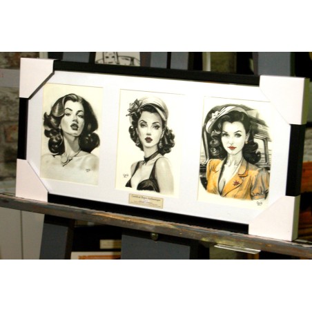 PORTRAIT PINUP - REPRODUCTION de 3 de mes dessins fusain et pastel encadré