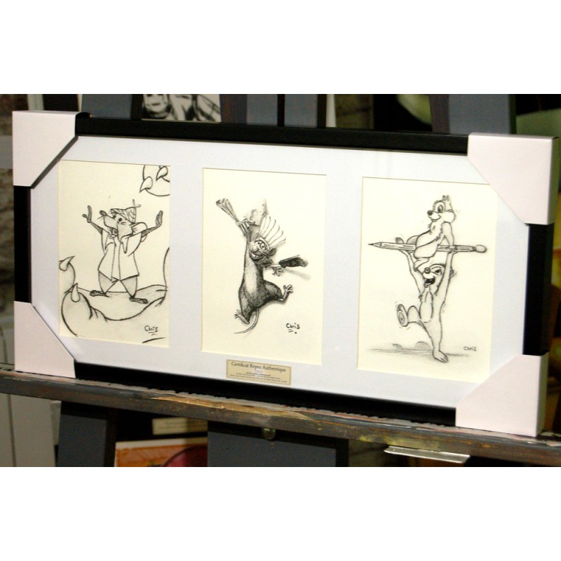 Disney - REPRODUCTION de 3 de mes dessins fusain et pastel encadré