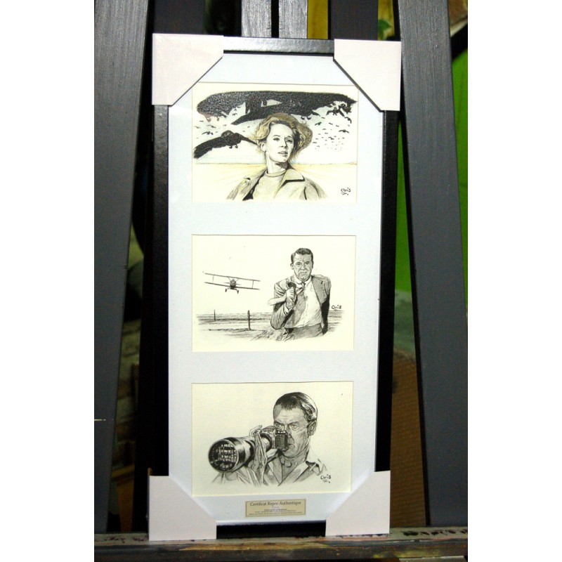 HITCHCOCK - REPRODUCTION de 3 de mes dessins fusain et pastel encadré