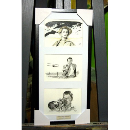 HITCHCOCK - REPRODUCTION de 3 de mes dessins fusain et pastel encadré