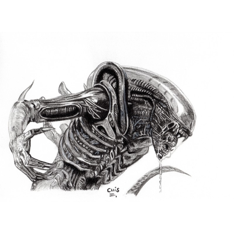ALIEN - REPRODUCTION A4 de mon dessin au fusain, encadré.