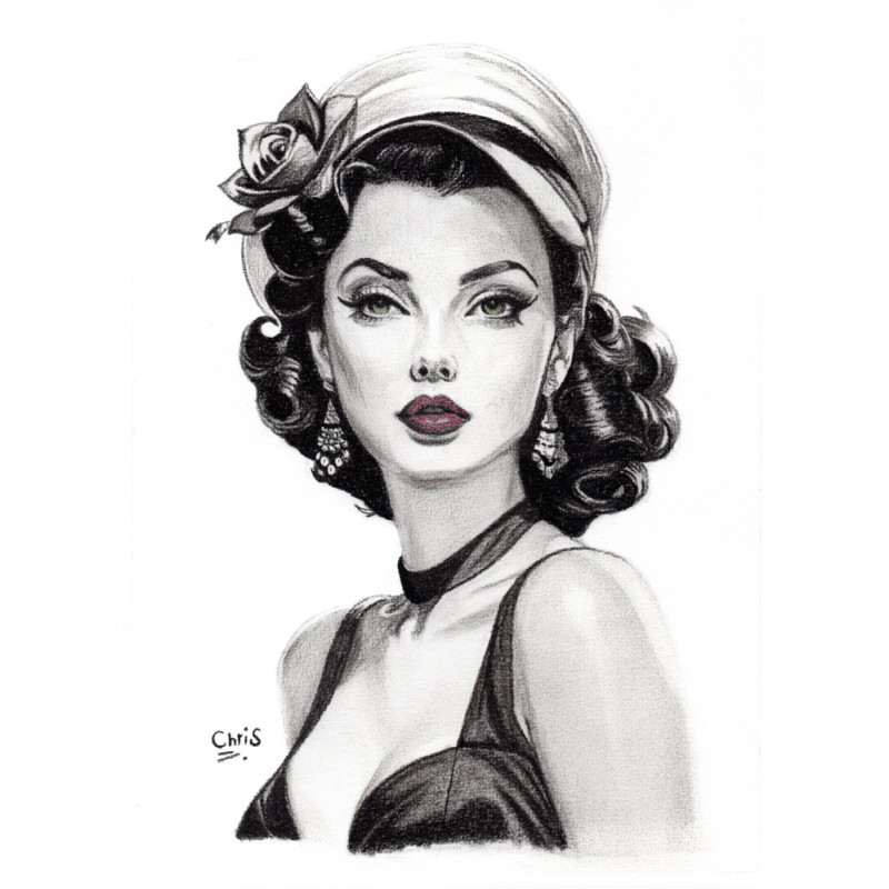 PINUP REGARD - REPRODUCTION A4 de mon dessin au fusain, encadré.