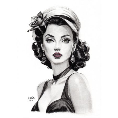 PINUP REGARD - REPRODUCTION A4 de mon dessin au fusain, encadré.