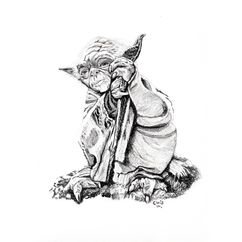YODA - REPRODUCTION A4 de mon dessin au fusain, encadré.