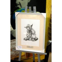 YODA - REPRODUCTION A4 de mon dessin au fusain, encadré.