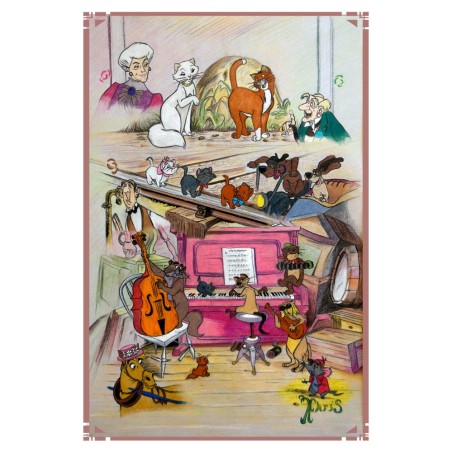 ARISTOCHATS - REPRODUCTION A3 de mon dessin au fusain, pastel, encadré.