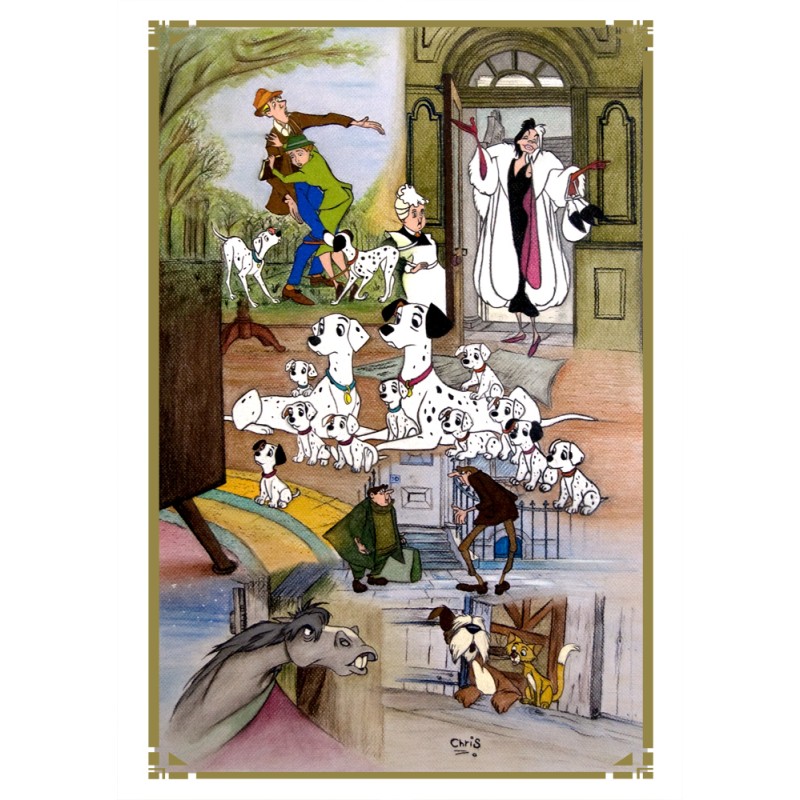 101 DALMATIENS - REPRODUCTION A3 de mon dessin au fusain, pastel, encadré.