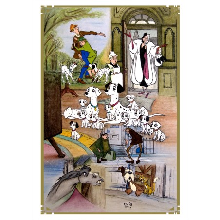 101 DALMATIENS - REPRODUCTION A3 de mon dessin au fusain, pastel, encadré.