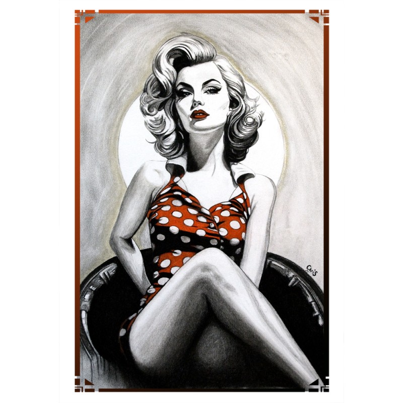 PINUP PILLULE ROUGE - REPRODUCTION A3 de mon dessin au fusain, pastel, encadré.