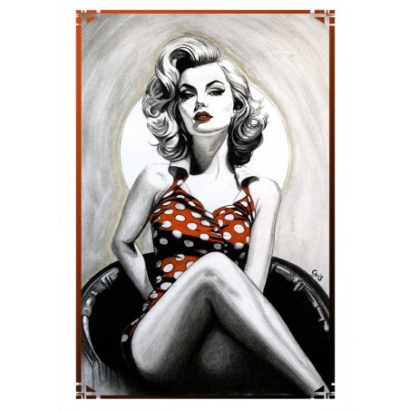 PINUP PILLULE ROUGE - REPRODUCTION A3 de mon dessin au fusain, pastel, encadré.