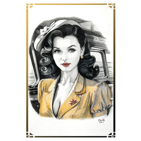 PINUP TRAIN - REPRODUCTION A3 de mon dessin au fusain, pastel, encadré.