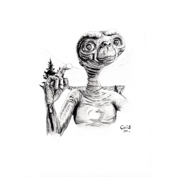 E.T. l'extraterrestre - Dessin ORIGINAL au Fusain  sur papier à  grain encadré.