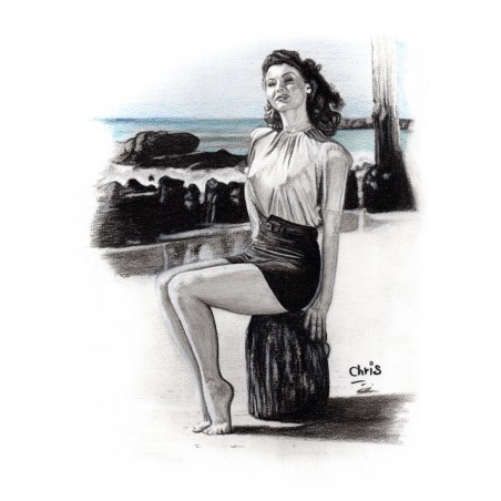 RITA HAYWORTH - Dessin ORIGINAL au Fusain sur papier à grain encadré.