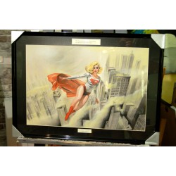 SUPERGIRL - Dessin ORIGINAL au Fusain et Pastel sur papier à  grain encadré.