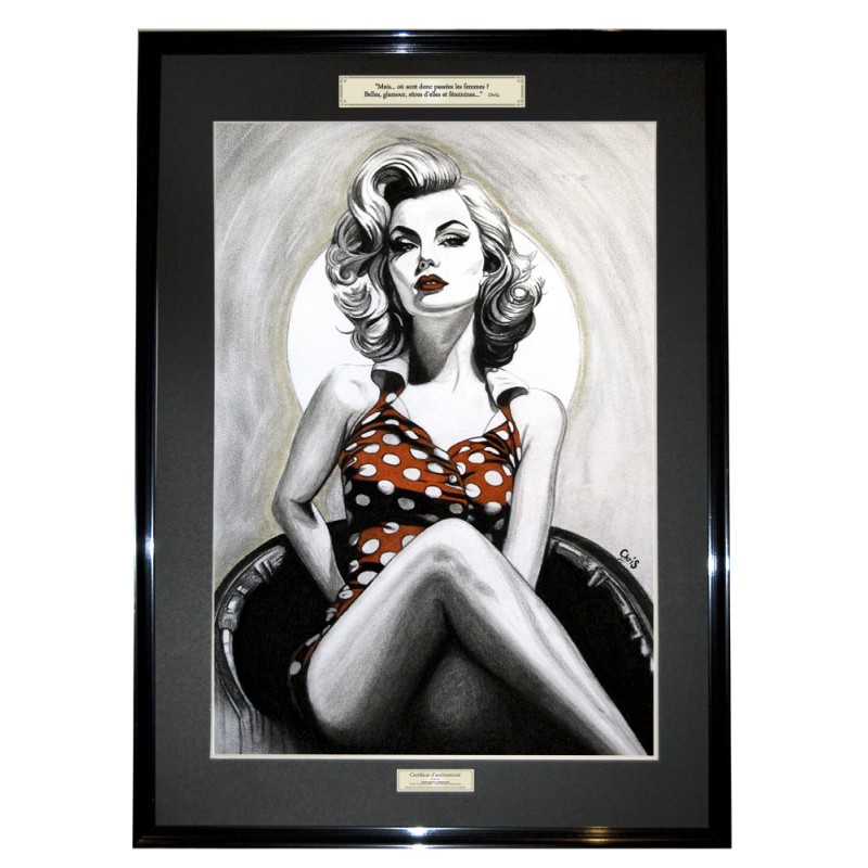 PINUP PILULE ROUGE - Dessin ORIGINAL - cadre :  50 X 70 cm - dessin :  40 x 60 cm