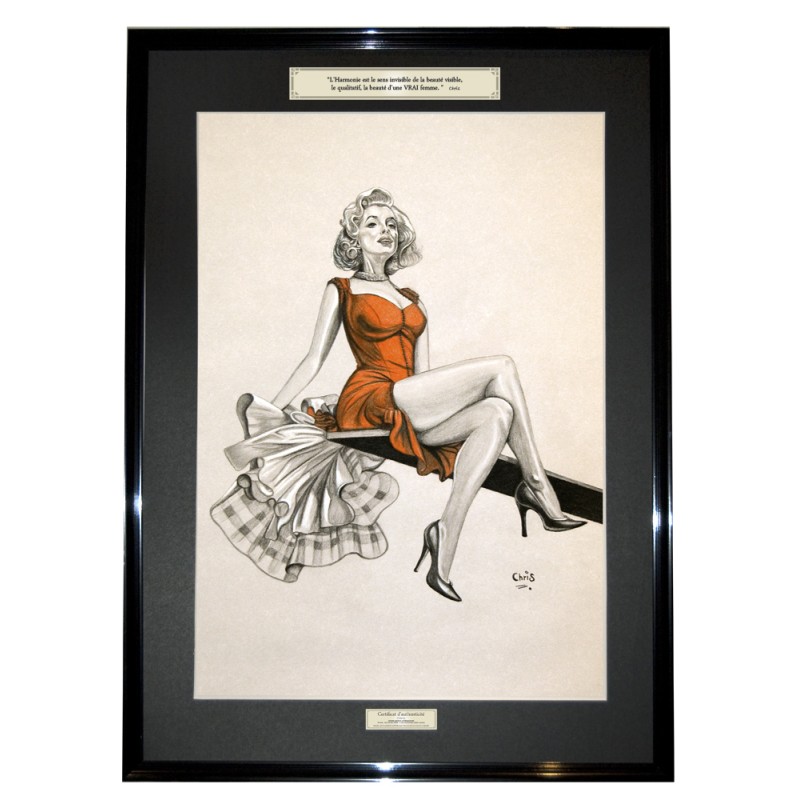 PINUP EQUILIBRE - Dessin ORIGINAL - cadre :  50 X 70 cm - dessin :  40 x 60 cm