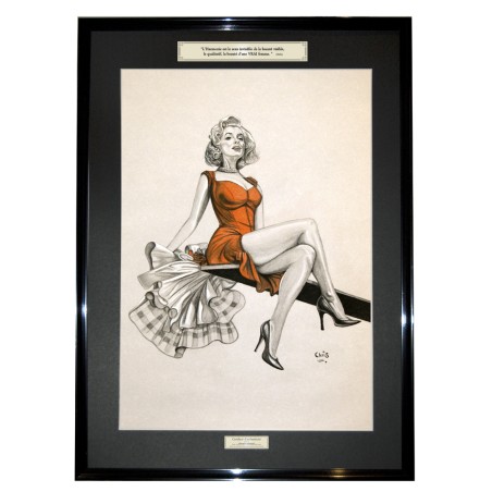 PINUP EQUILIBRE - Dessin ORIGINAL - cadre : 50 X 70 cm - dessin : 40 x 60 cm