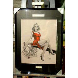 PINUP EQUILIBRE - Dessin ORIGINAL - cadre :  50 X 70 cm - dessin :  40 x 60 cm